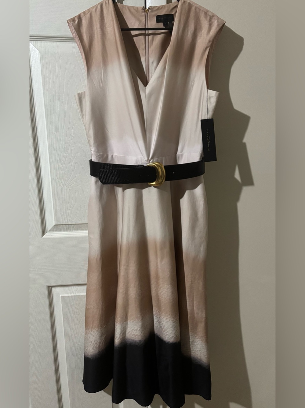 Donna Karan Sleeveless V-Neck Ombre Dress in Cream, Tan and Black